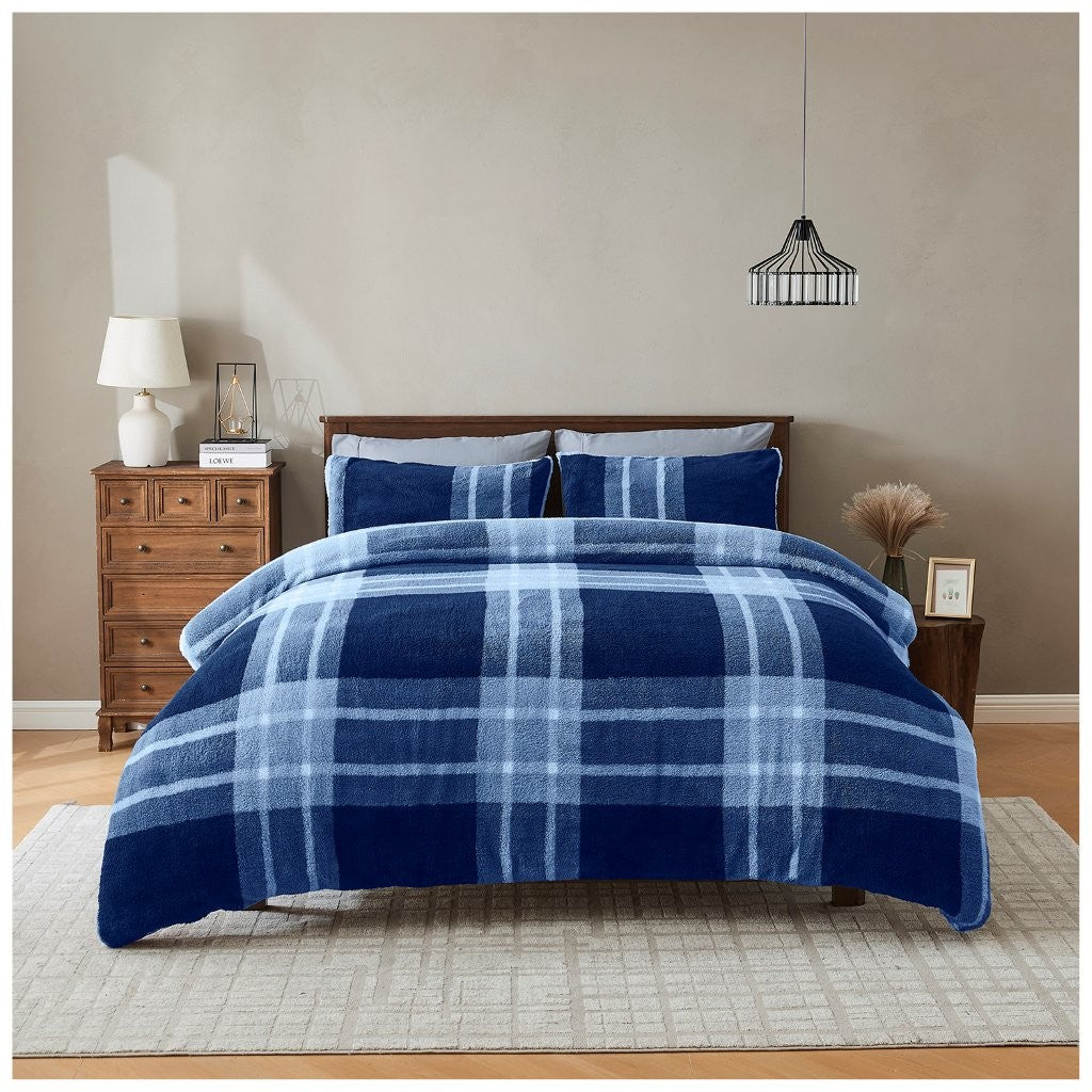 Liam Check Printed Teddy Duvet Cover Set | 6 Colours