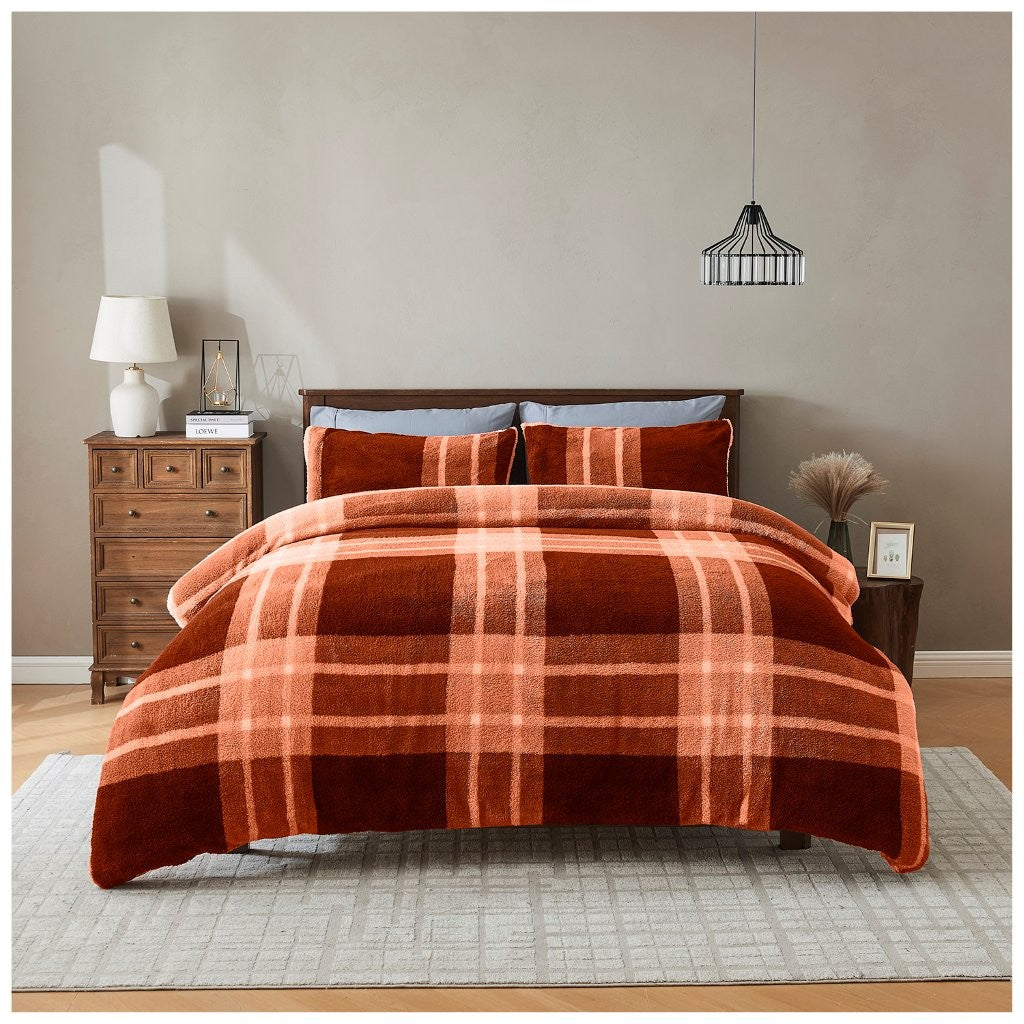 Liam Check Printed Teddy Duvet Cover Set | 6 Colours