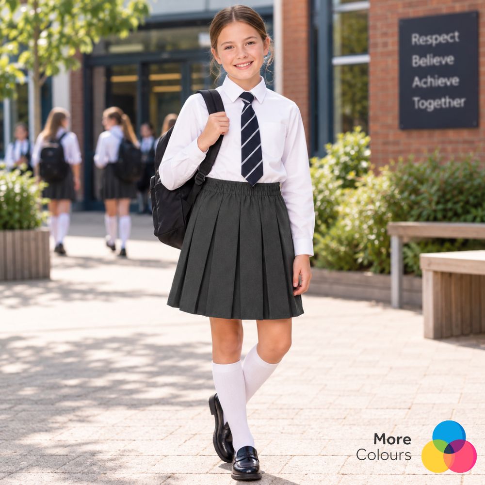 Girls Plain Pull-On Box Pleated School Skirt | 7 Colours