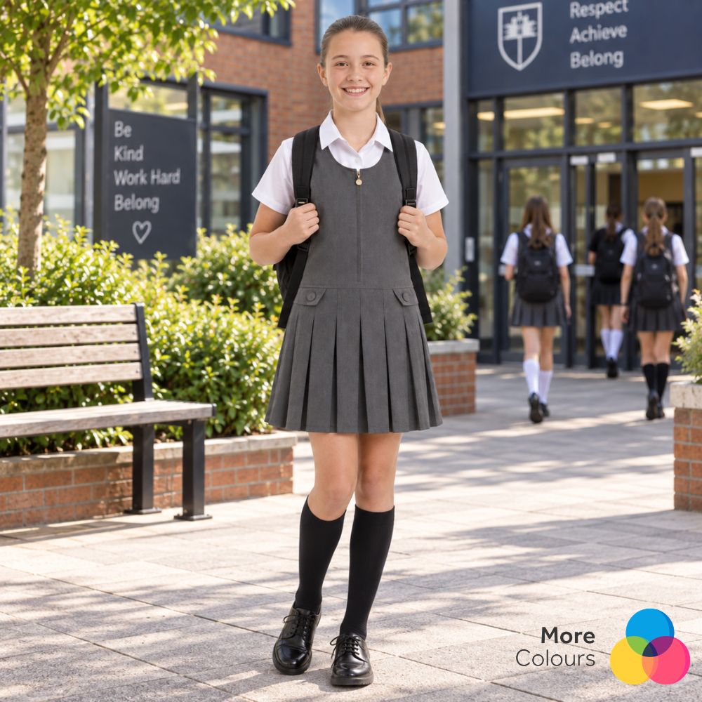 Girls Box Pleated Pinafore School Dress | 6 Colours