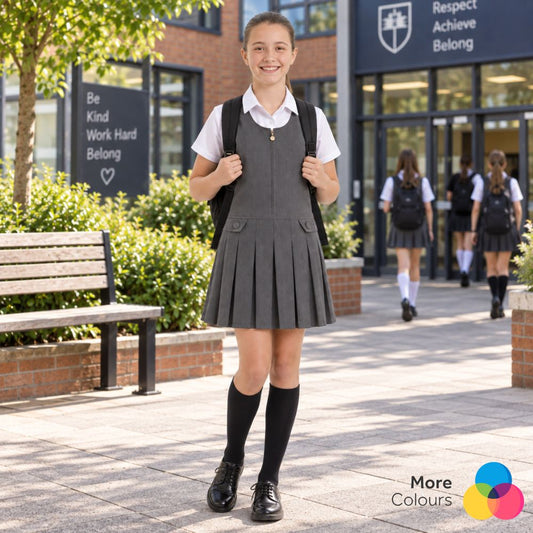 Girls Box Pleated Pinafore School Dress | 6 Colours