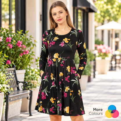 Floral Tunic Top Long Sleeve Pleated Swing Style with Pockets