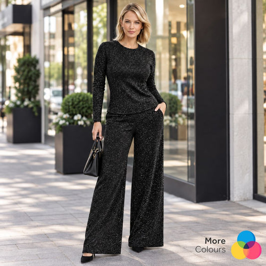 Glitter Jersey Co-Ord Set | Top & Wide-Leg Palazzo Trousers | 2-Piece Outfit | 7 Colours