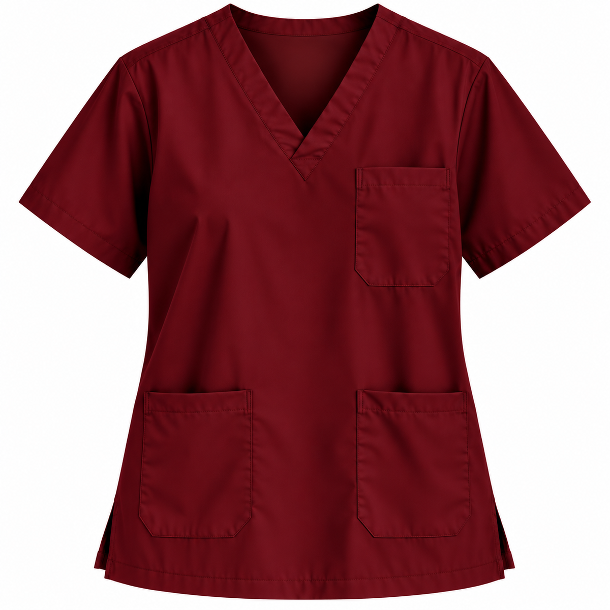 Maroon women's V-neck medical scrub top