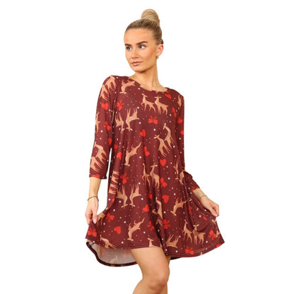 Maroon Stag Casual Loose Swing Summer Dress