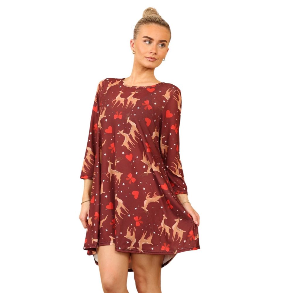 Maroon Stag Casual Loose Swing Summer Dress