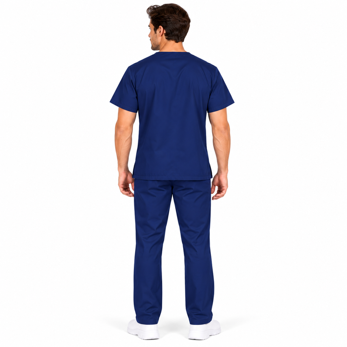 Navy men's V-neck medical scrub top view 3
