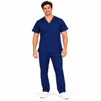 Navy men's V-neck medical scrub top view 4