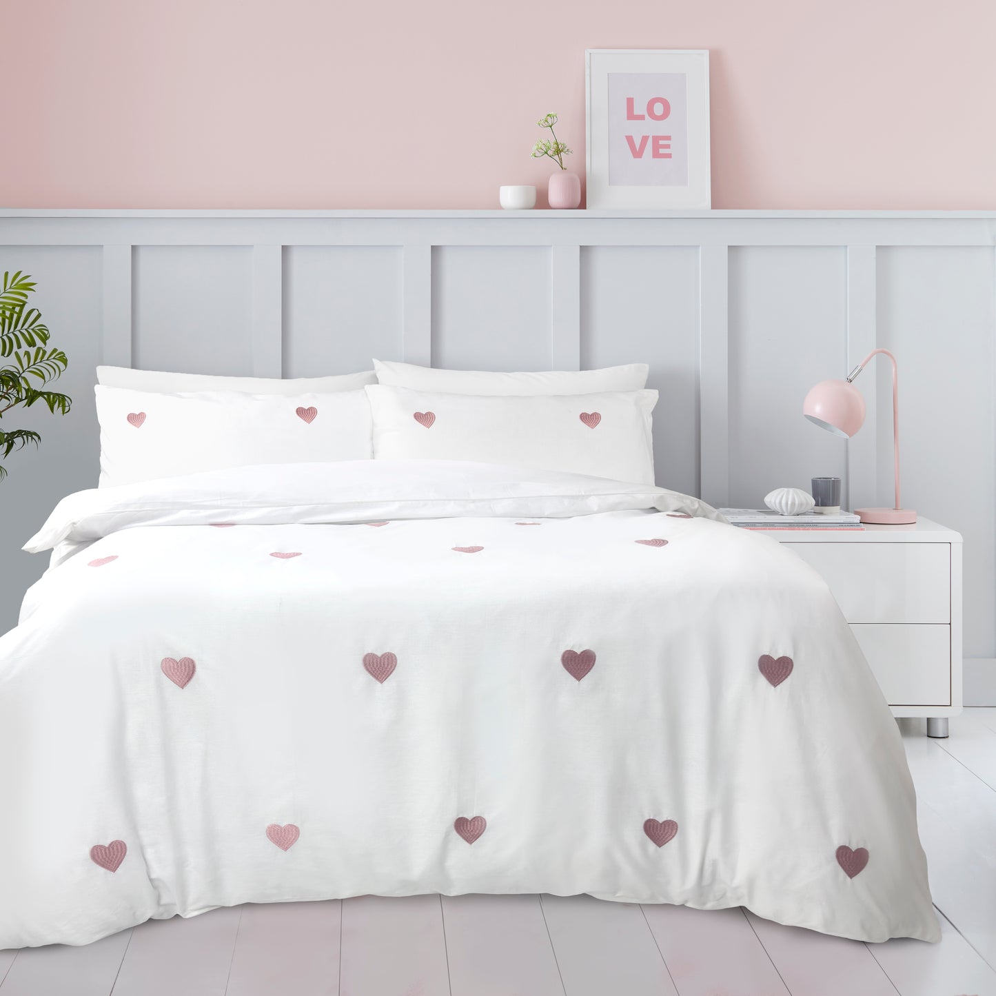 Hearts Embroidered Duvet Cover Set | Grey & Pink