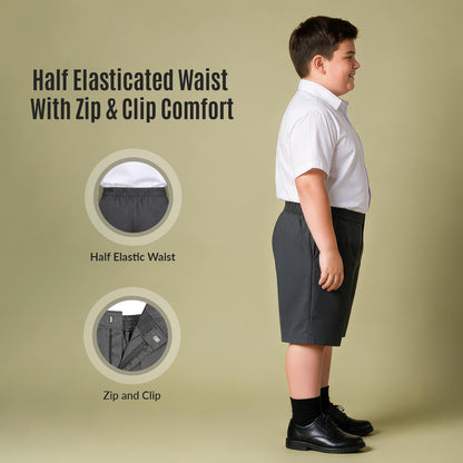 Pack of 2 Grey Plus Size School Shorts – Half Elasticated Waist with Zip & Clip