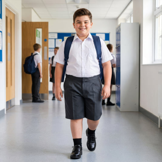 Grey Plus Size School Shorts – Half Elasticated Waist with Zip & Clip