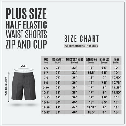 Pack of 2 Grey Plus Size School Shorts – Half Elasticated Waist with Zip & Clip