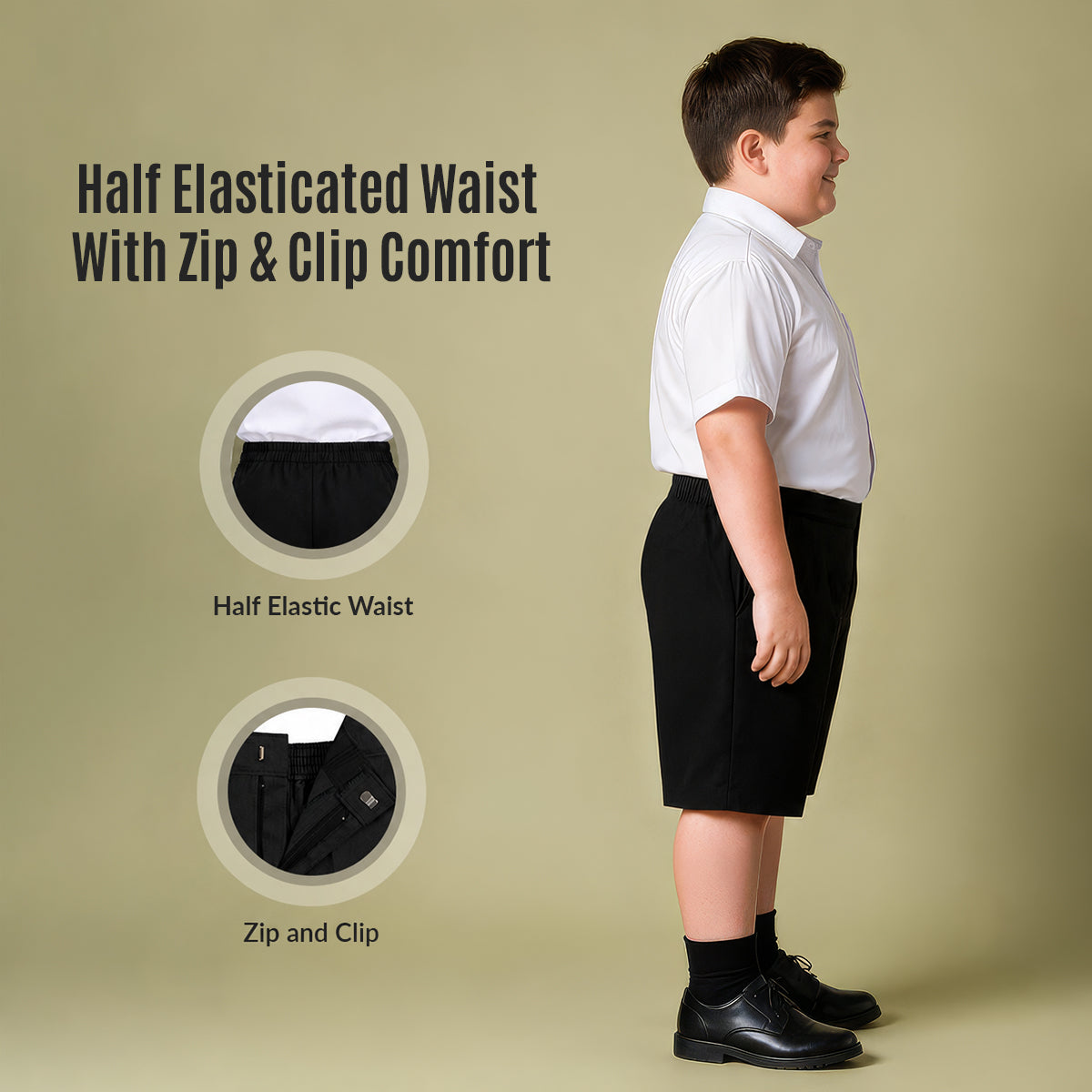 Black Plus Size School Shorts – Half Elasticated Waist with Zip & Clip