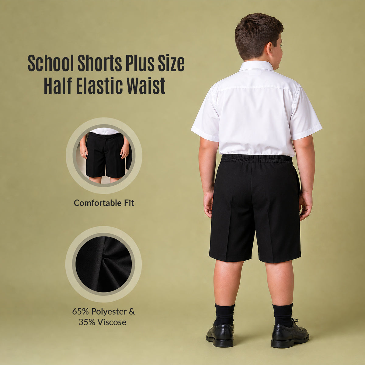 Black Plus Size School Shorts – Half Elasticated Waist with Zip & Clip