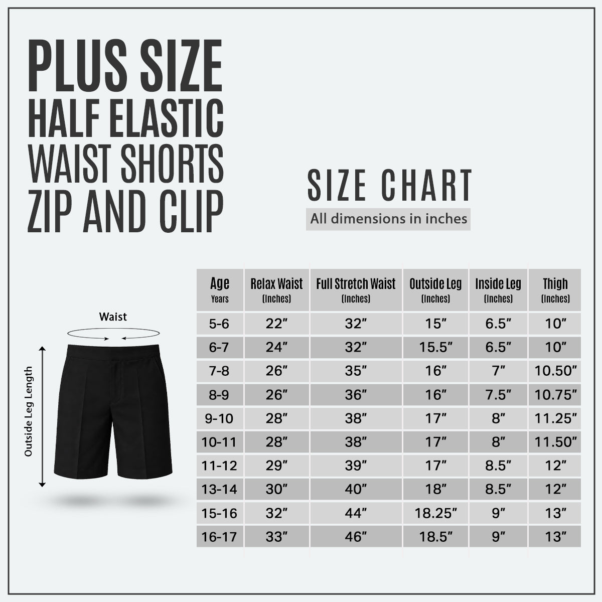 Black Plus Size School Shorts – Half Elasticated Waist with Zip & Clip
