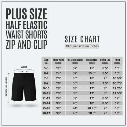 Black Plus Size School Shorts – Half Elasticated Waist with Zip & Clip
