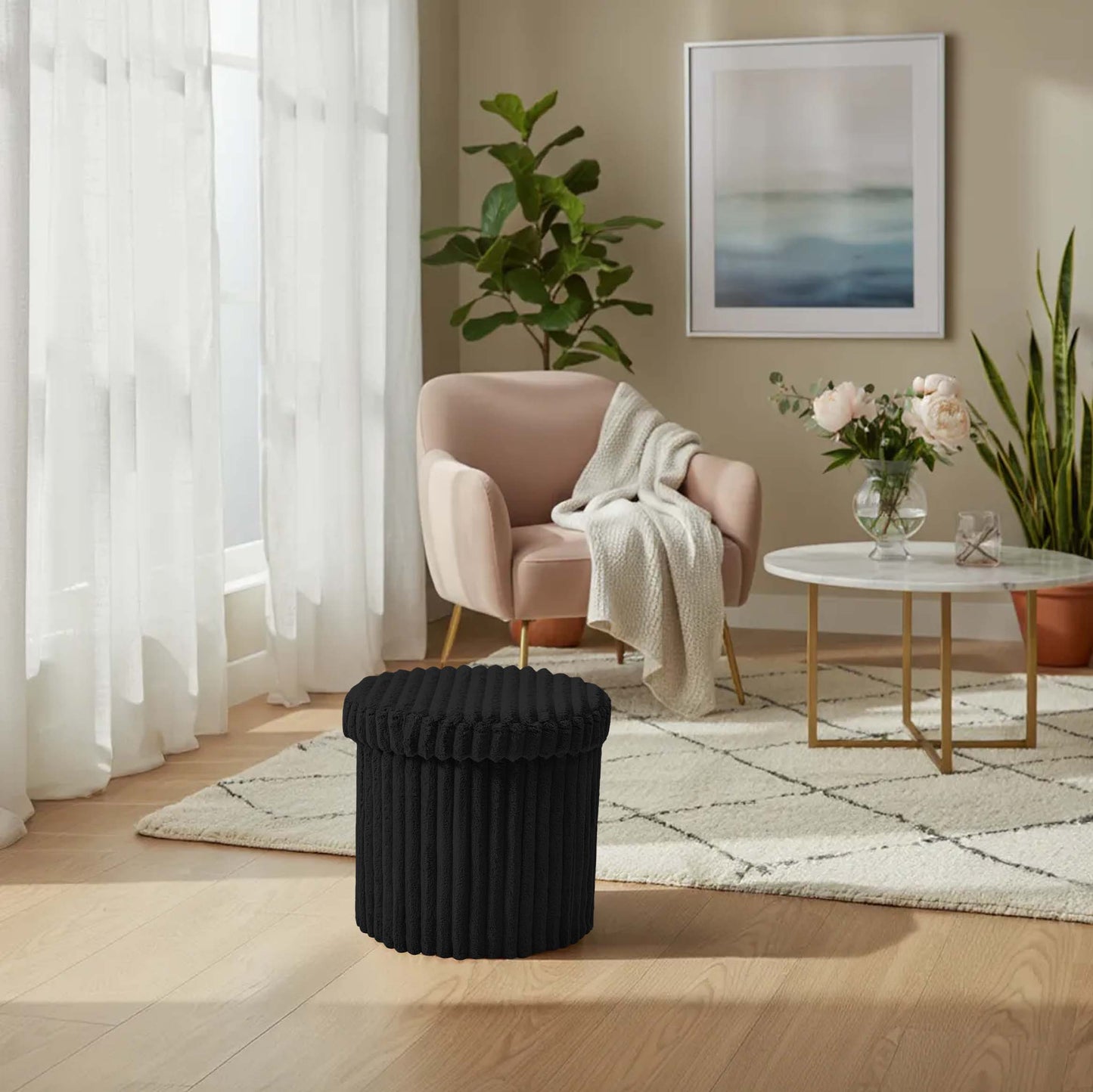 Round Ribbed Ottoman Storage Box | 40 x 40 x 37CM | 5 Colours