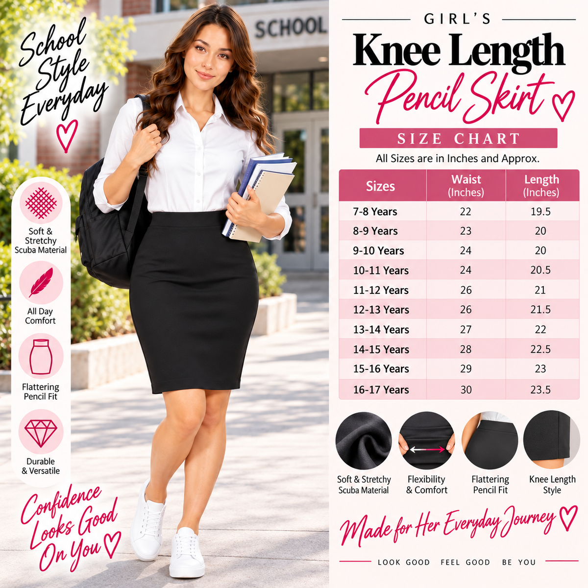 Girls Plain Knee Length School Pencil Skirt | 2 Colours