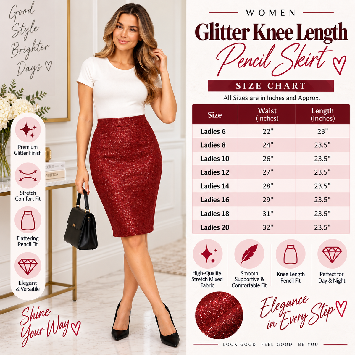 Glitter Knee Length Pencil Skirt | 5 Colours