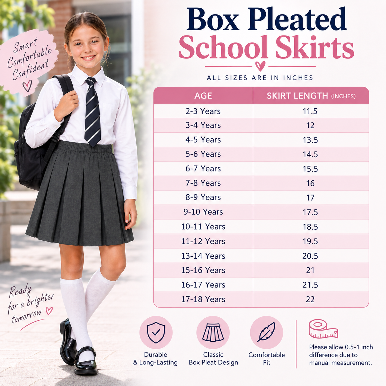 Girls Plain Pull-On Box Pleated School Skirt | 7 Colours