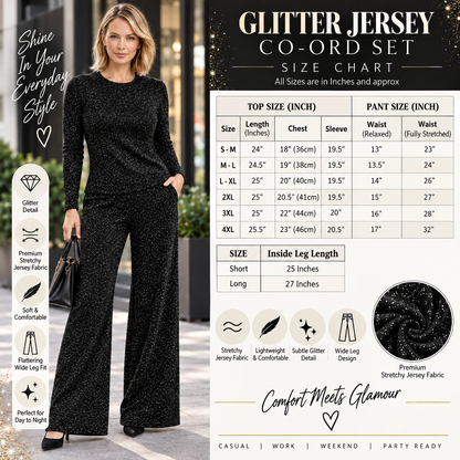 Glitter Jersey Co-Ord Set | Top & Wide-Leg Palazzo Trousers | 2-Piece Outfit | 7 Colours