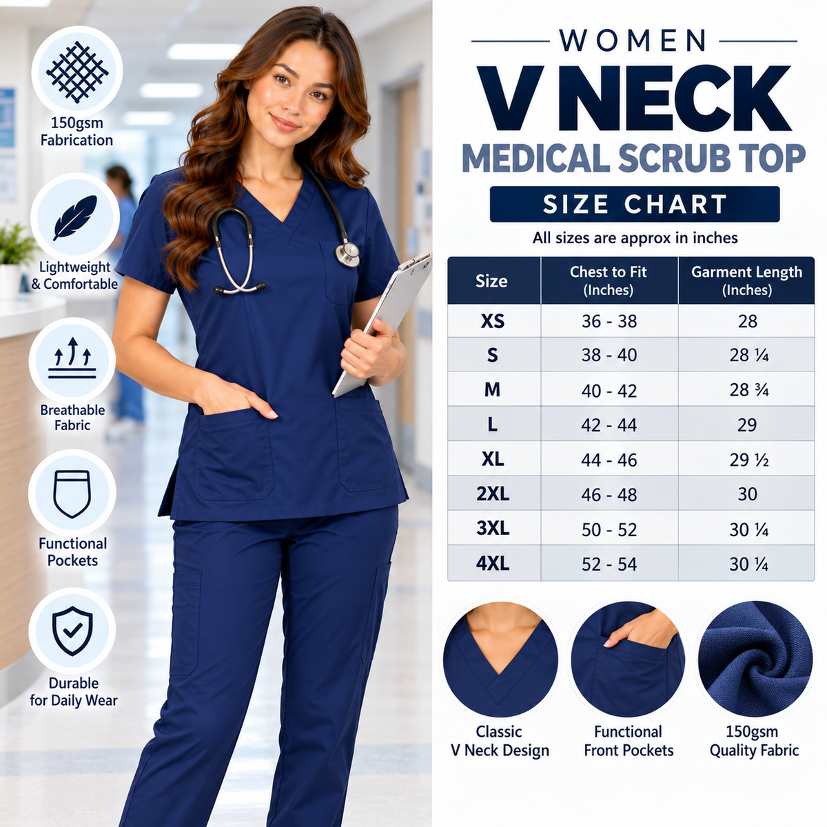 Women's V-neck medical scrub top size chart