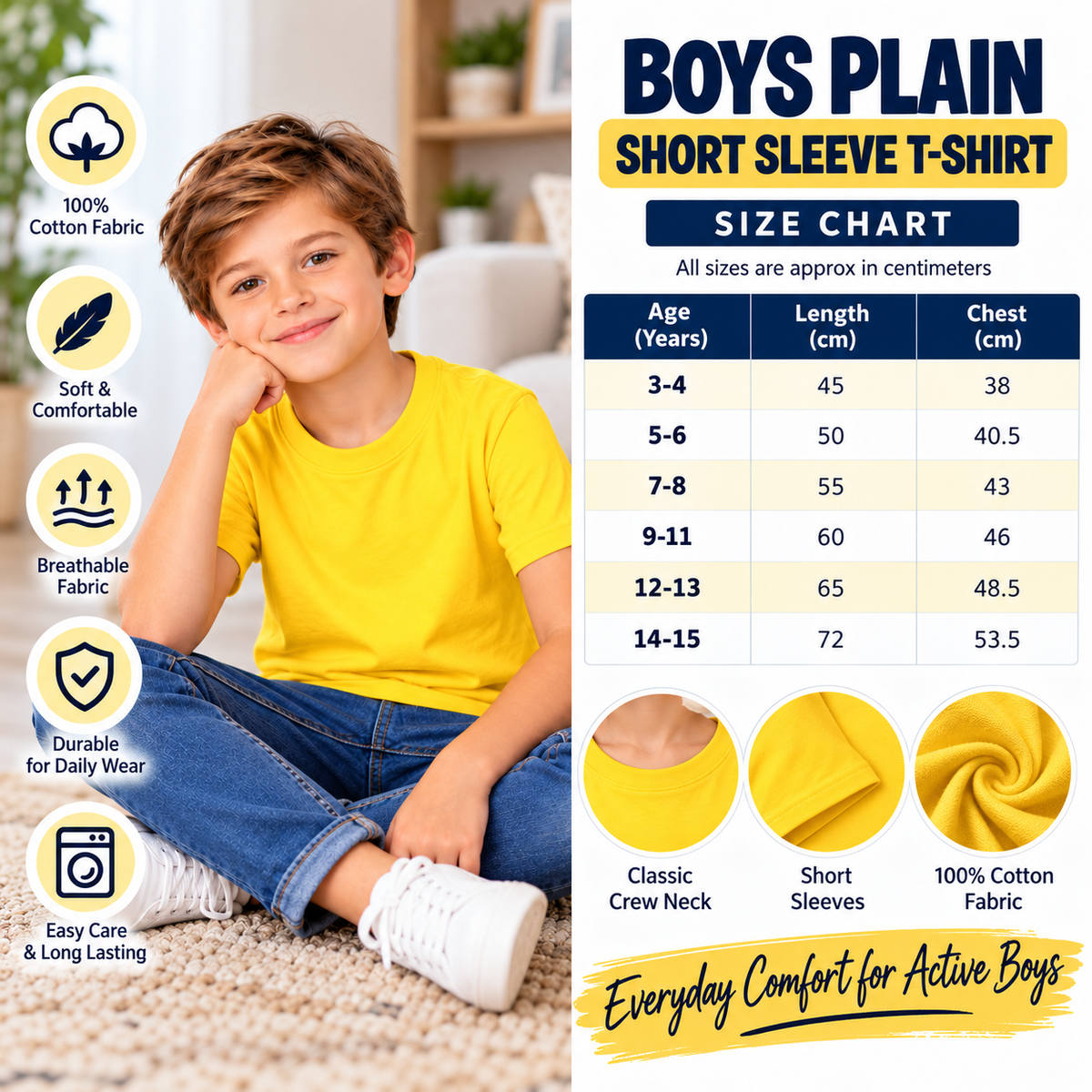 Boys' Plain T-Shirt size chart