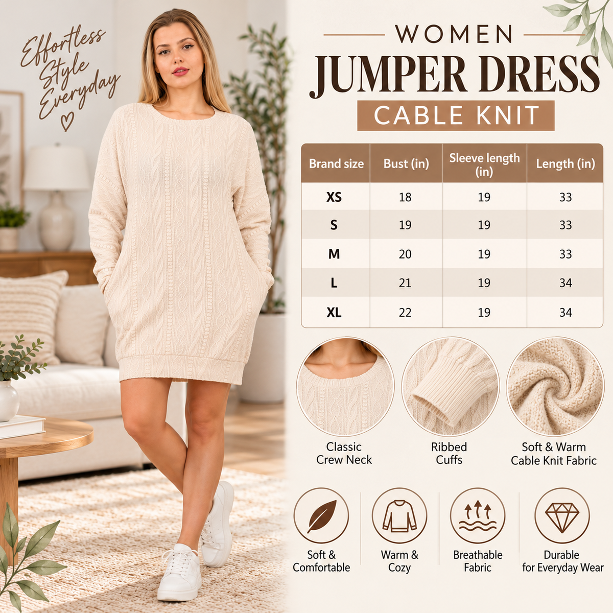 Cable Knit Jumper Dress size chart
