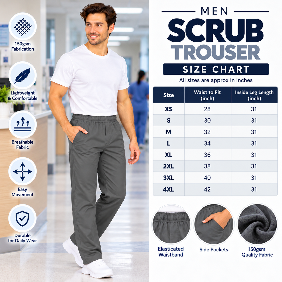 Men's Medical Scrub Trousers size chart
