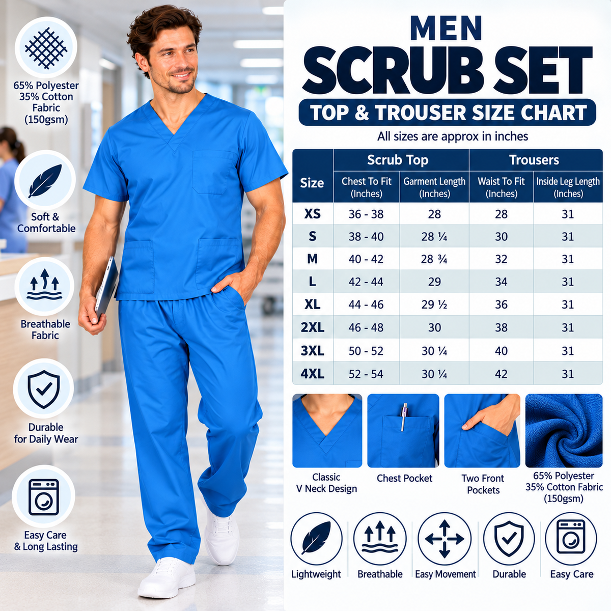 Men's Medical Scrub Set size chart