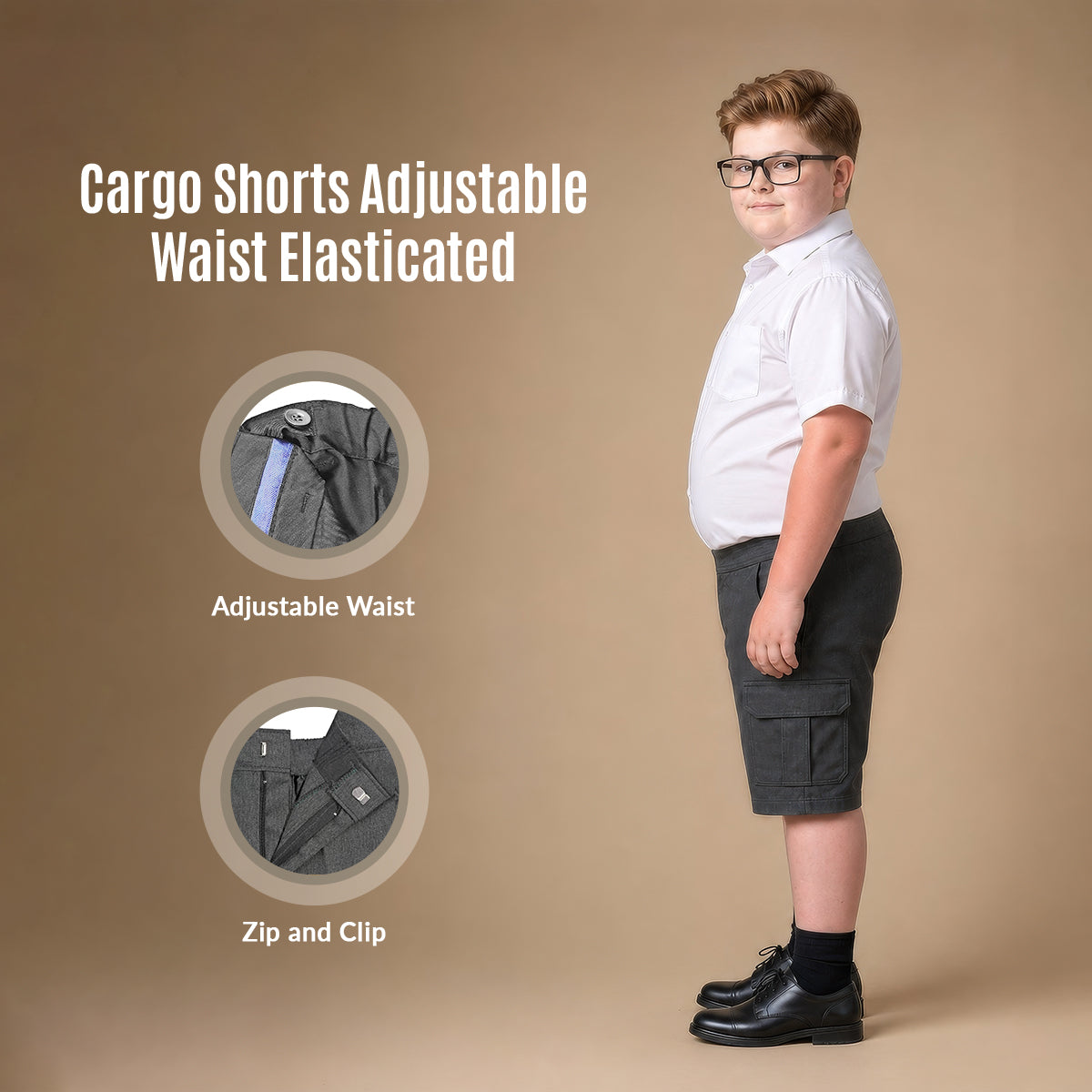 Pack of 2 Grey Plus Size Adjustable Waist Cargo Shorts | Zip & Clip