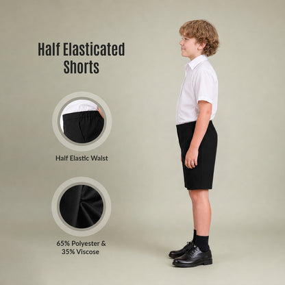Black Half Elastic Pull Up Boys School Shorts