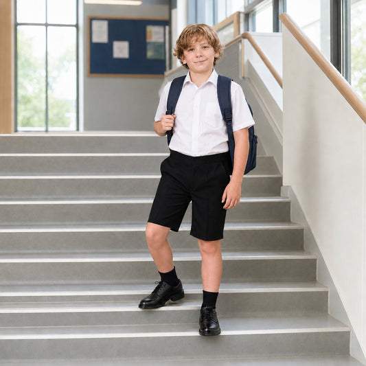 Black Half Elastic Pull Up Boys School Shorts