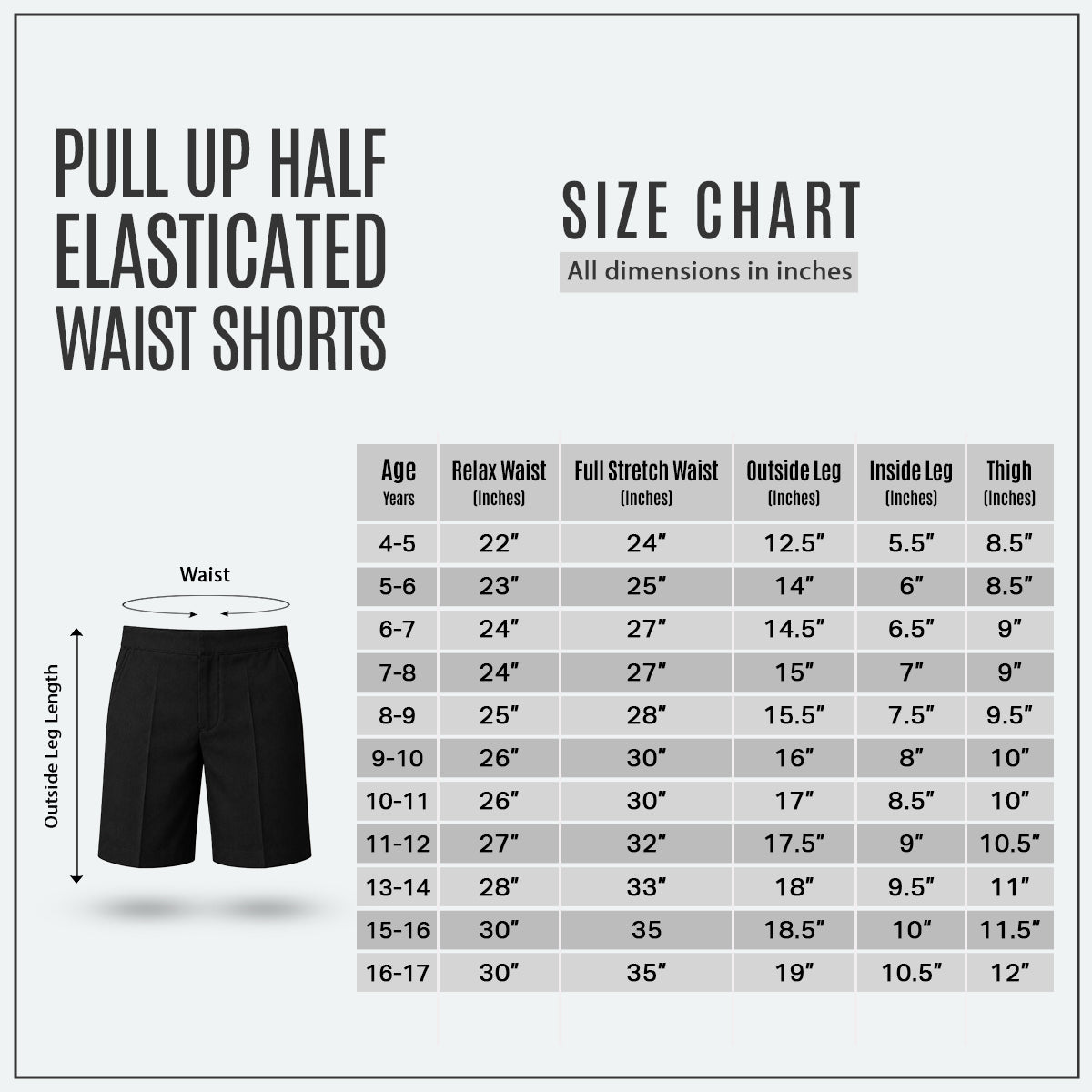 Black Half Elastic Pull Up Boys School Shorts