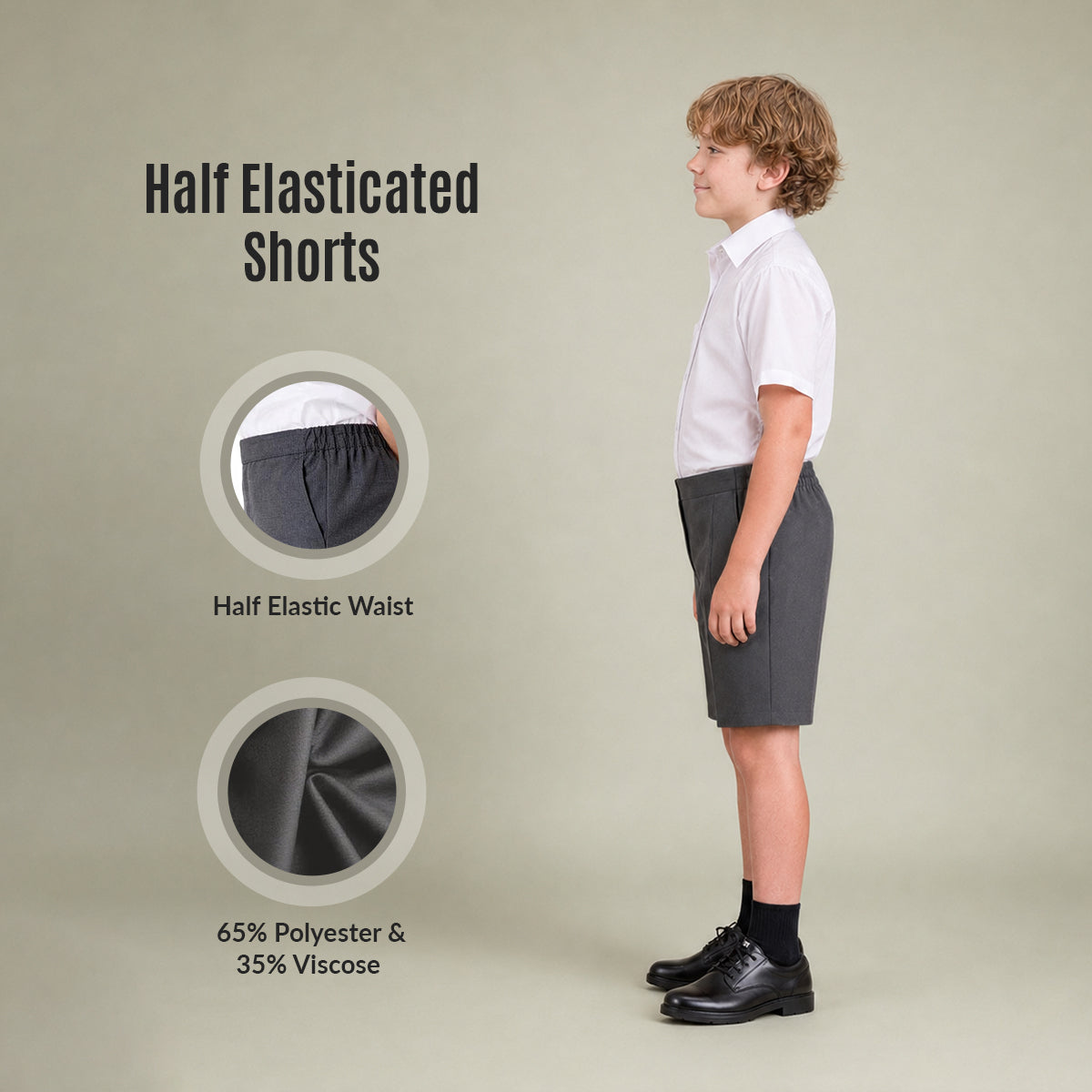 Pack of 2 Grey Half Elastic Pull Up Boys School Shorts