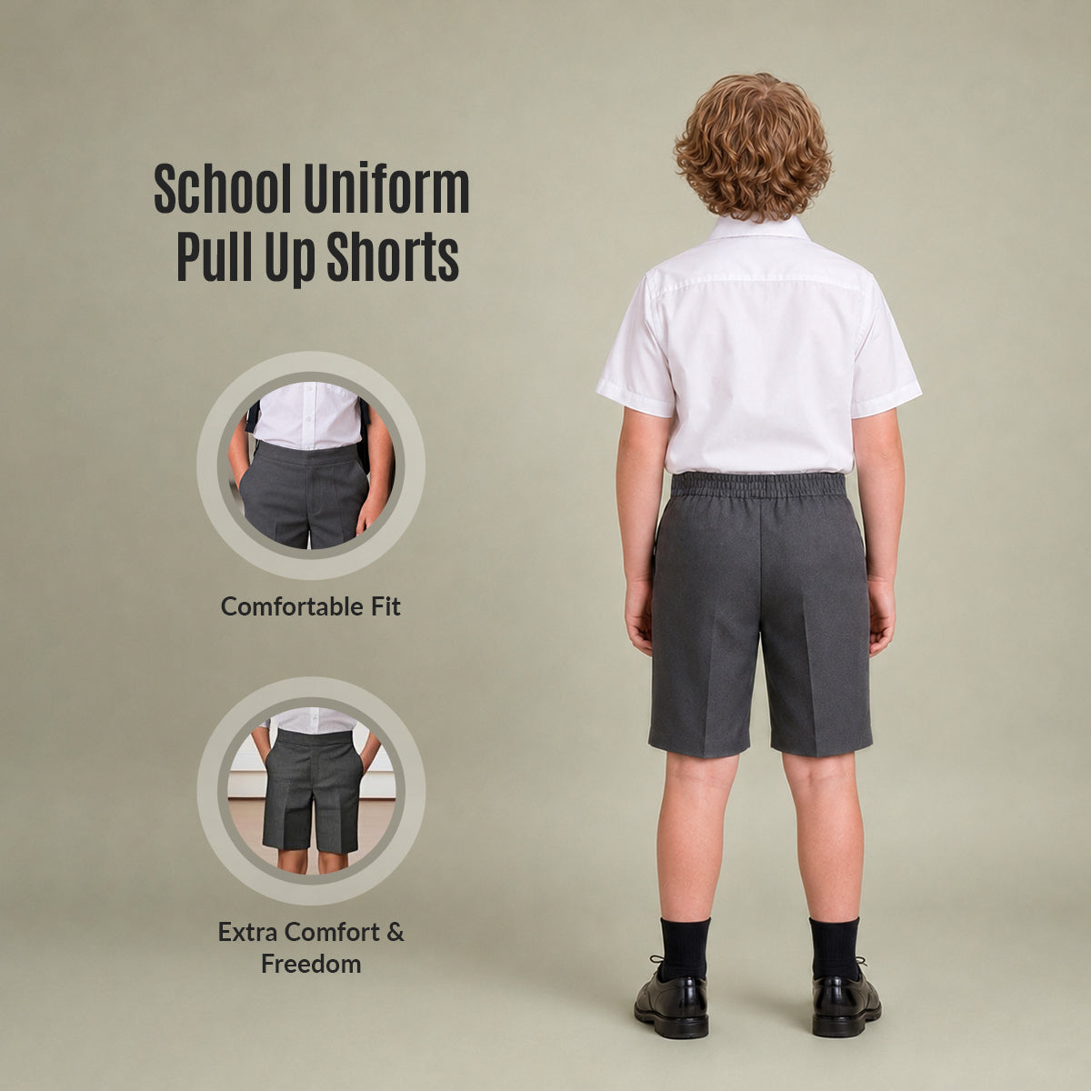 Pack of 2 Grey Half Elastic Pull Up Boys School Shorts