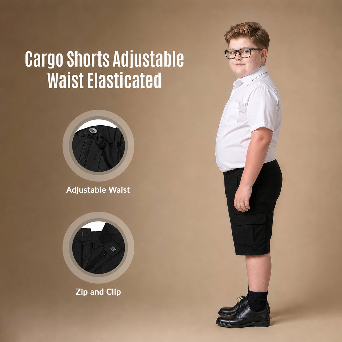 Black Plus Size Adjustable Waist Cargo Shorts | Zip & Clip