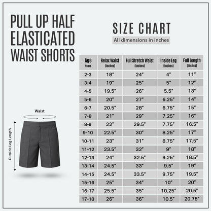Grey Half Elastic Pull Up Boys School Shorts