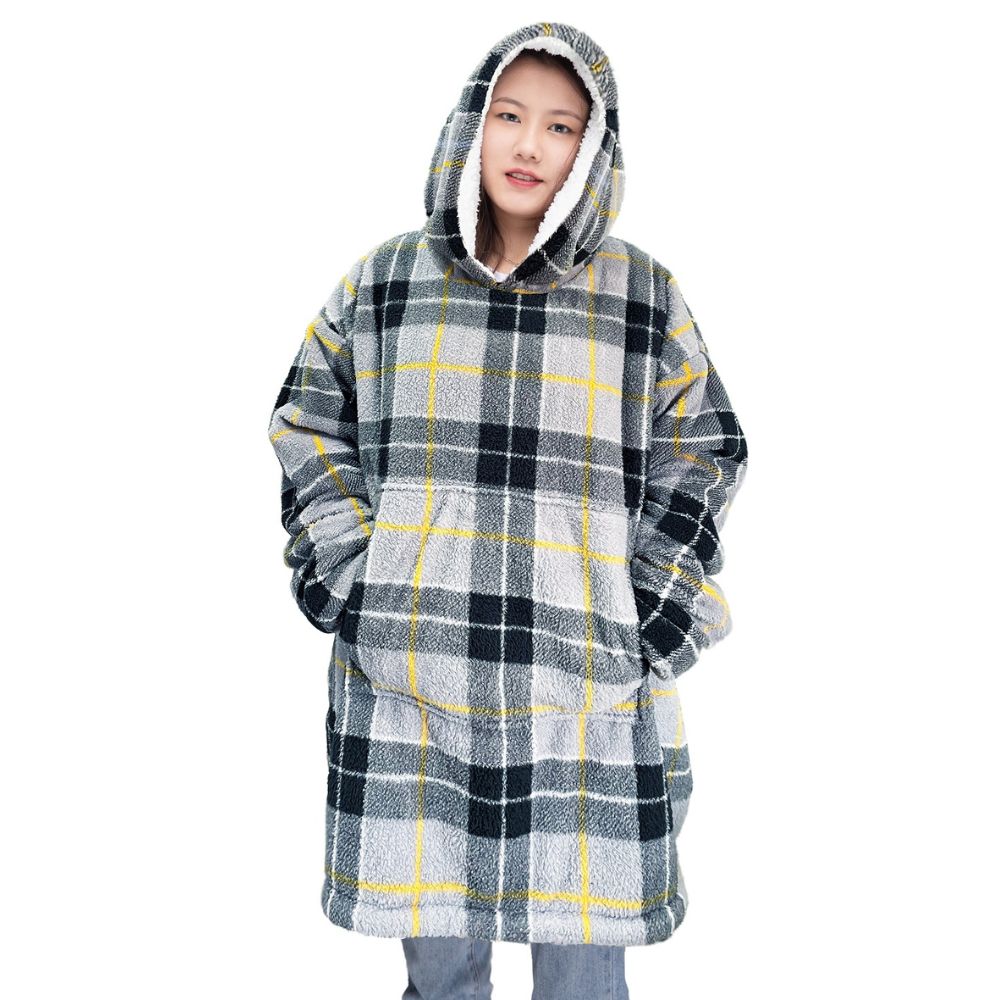 Tartan Grey Sherpa Fleece Oversized Blanket Hoodie