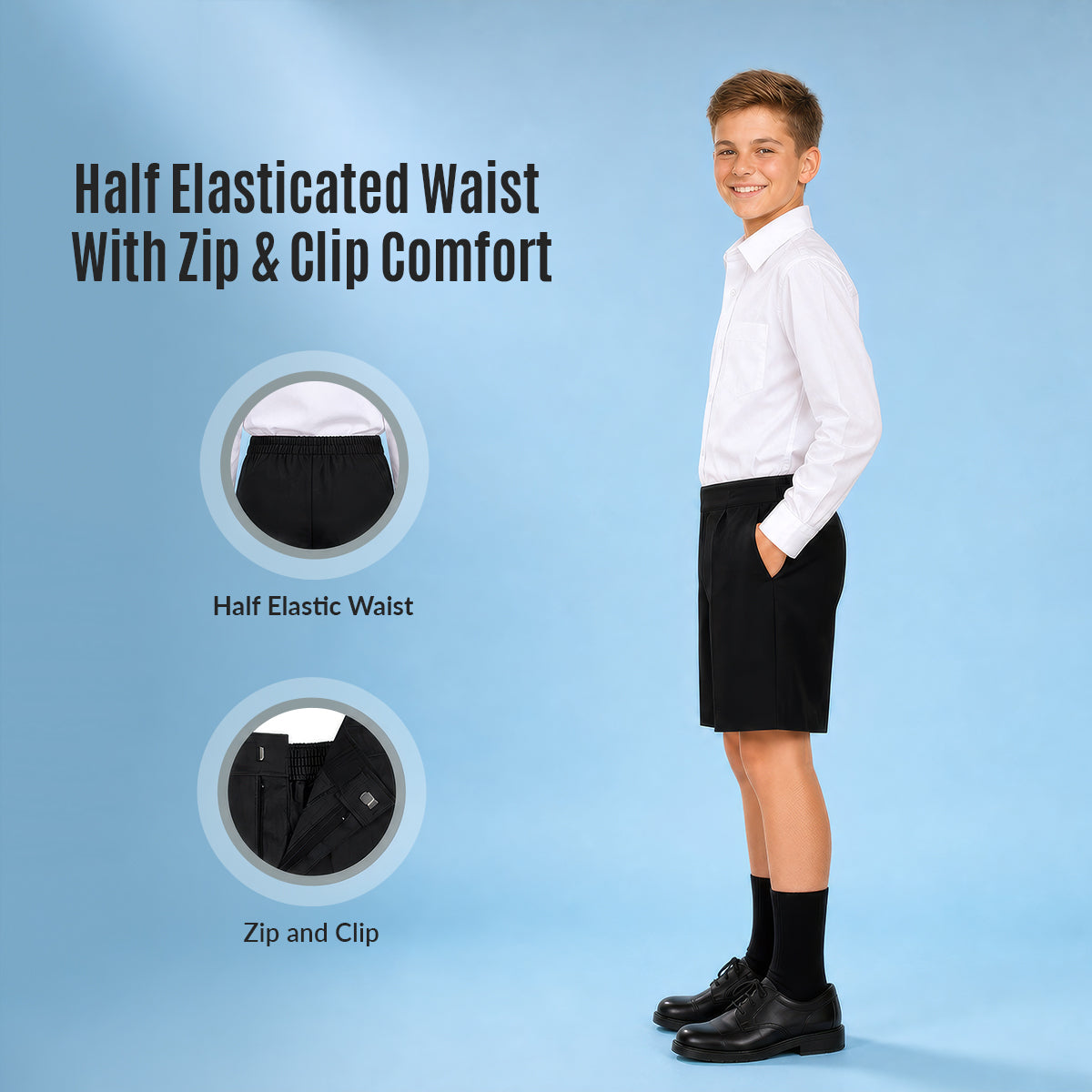 Pack of 2 Black Half Elastic Zip & Clip Boys School Shorts