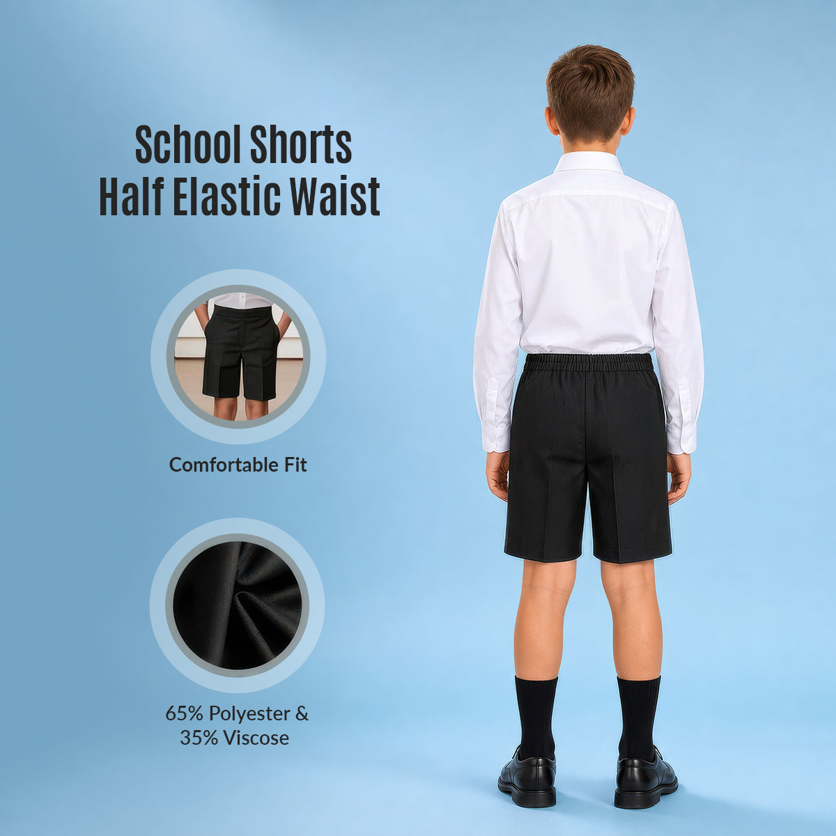 Pack of 2 Black Half Elastic Zip & Clip Boys School Shorts