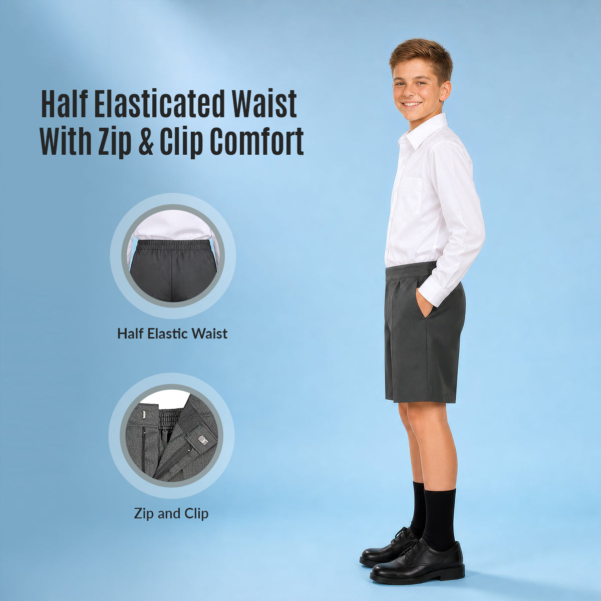 Grey Half Elastic Zip & Clip Boys School Shorts