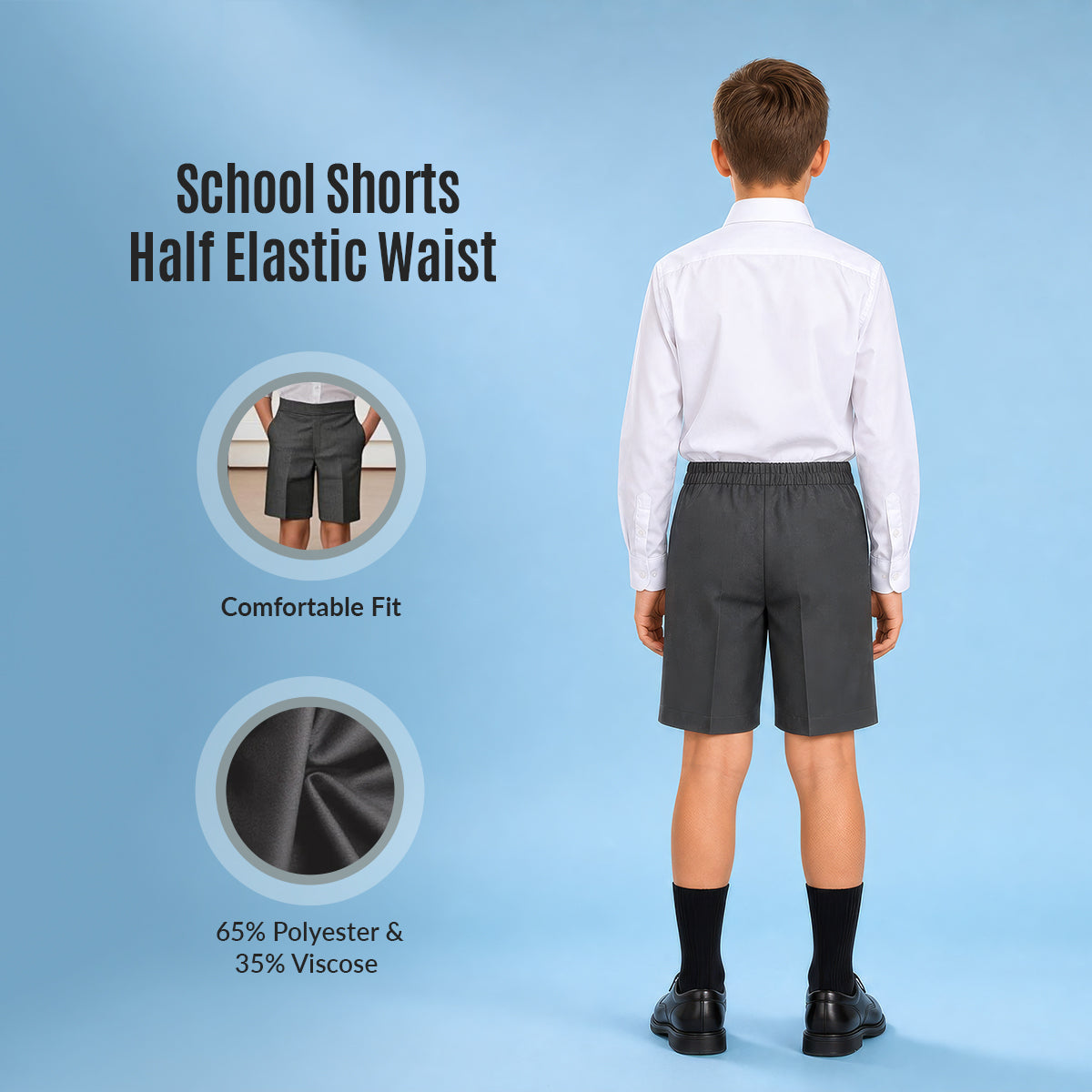 Grey Half Elastic Zip & Clip Boys School Shorts