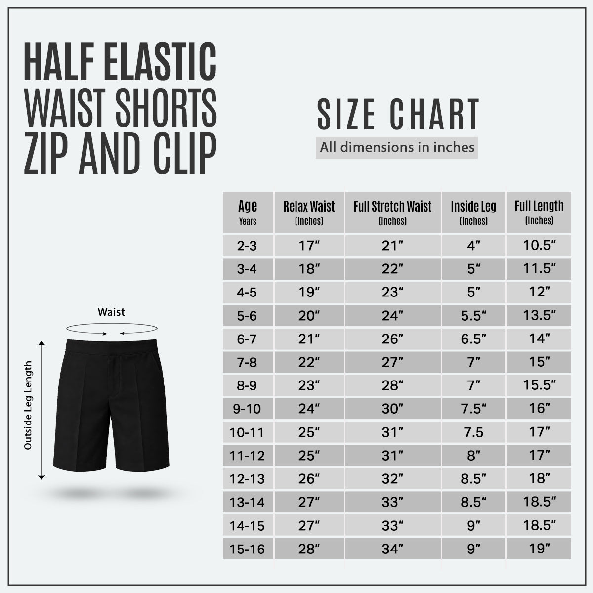 Pack of 2 Black Half Elastic Zip & Clip Boys School Shorts