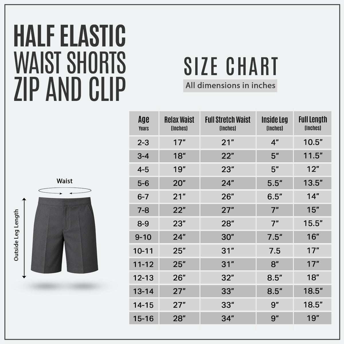 Grey Half Elastic Zip & Clip Boys School Shorts