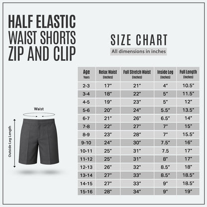 Grey Half Elastic Zip & Clip Boys School Shorts